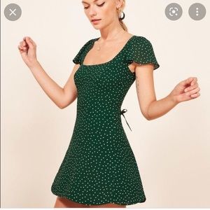 Reformation Emery Dress in Emerald Green Polka Dot